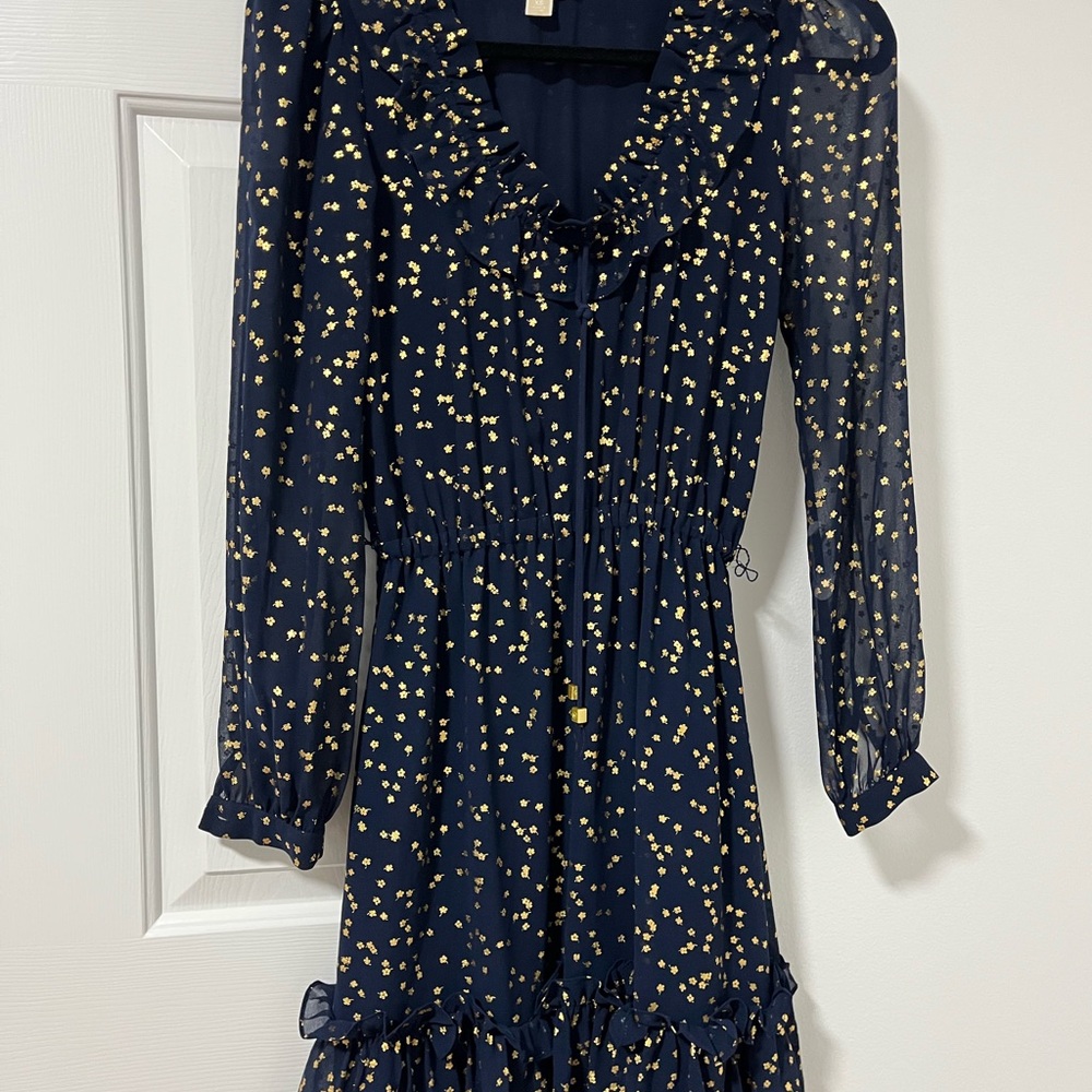 Michael Kors Navy and Gold Long Sleeve Dress